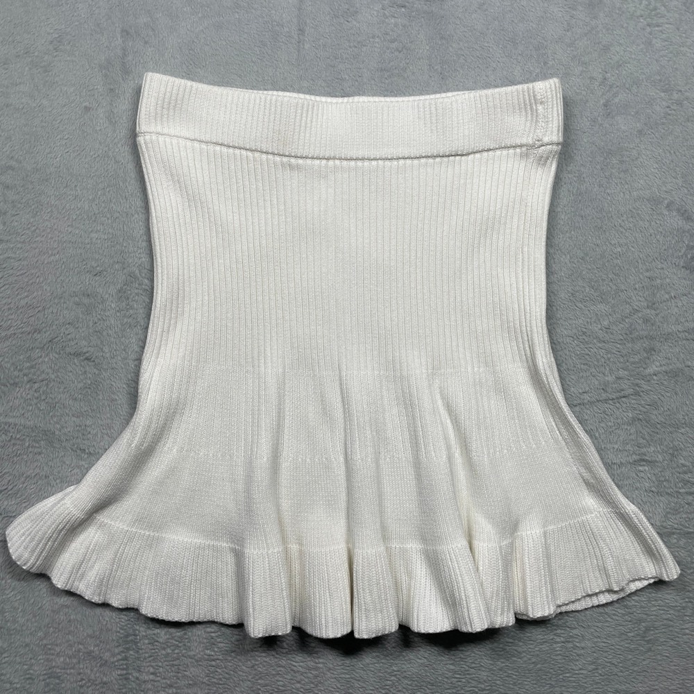 Free People Knit Mini Skirt Womens L White Ribbed Ruffle Hem